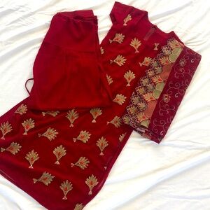 Long Punjabi dress with red patyala pants and dupatta to match